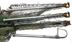 LANDING NETS & GAFF: (4) Collection of 3 vintage folding landing nets, 2 x with alloy extending
