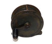 REEL: Early Hardy all brass crank wind trout winch, 2.75" diameter, waisted crank arm stamped "