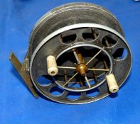 REEL: Early 4.5" diameter Allcock Aerial wide drum Centrepin reel, 6 spoke with tension regulator,