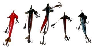 LURES: (6) Collection of fine vintage Phantom minnow baits, 3" and 4" brown trout spot lure, metal