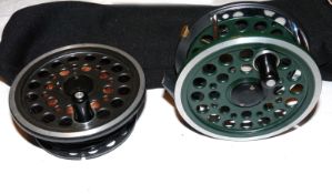 REEL & SPOOL: (2) JW Young Redditch 1540 alloy wide drum salmon fly reel, 4.25" diameter, green