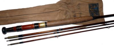 ROD: Early PD Malloch of Perth 9' 3 piece greenheart trout fly rod, c/w spare tip 1" short, red