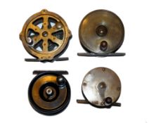 REELS: (4) Redditch pattern 2.5" all brass trout fly reel, constant check, horn handle, a 2" brass