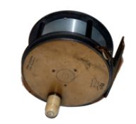 REEL: Fine Hardy Perfect brass faced alloy salmon reel, 3.75" diameter, ivorine handle, face plate