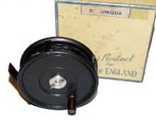 REEL: Fine Hardy Uniqua 3-3/8" alloy trout fly reel, 2 screw latch, ebonised handle, smooth constant