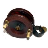 REEL: Scarce Nottingham mahogany/brass collar fitting winch, 3.75" diameter drum, deep dish with