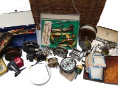 ACCESSORIES: Coarse fisherman's wicker basket 15"x11"x12", holding variety of reels incl. 4"