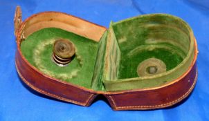 REEL CASE: Fine D shaped block leather Aerial reel case, green baize lining and central spring