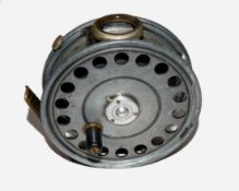 REEL: Hardy St. George 3.75" alloy trout fly reel, 3 screw drum latch, black handle, good smoke
