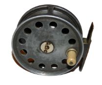 REEL: J Peek & Son London 3.75" alloy salmon fly reel, ivorine handle, large perforations to face