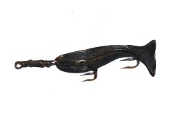 LURE: Rare Geens Natural Spin bait, 1.5" long, curved metal body with original green paint finish,