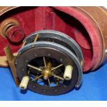 REEL & CASE: (2) Rare 3" Allcock Aerial unventilated Centrepin reel, ebonite drum stamped "