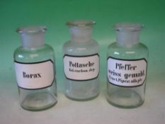 Three Apothecary Jars Each with paper label. 8 ¼" high. (One rim chipped)