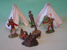 Leyla Figures Four Indians, soldier (AF), camp fire and two teepees