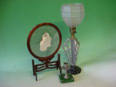 An Art Deco Table Lamp Together with a Deco candlestick and a Chinese table screen