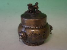 A Chinese White Metal and Glass Censer Reverse painted or printed with figures, the cover with dog