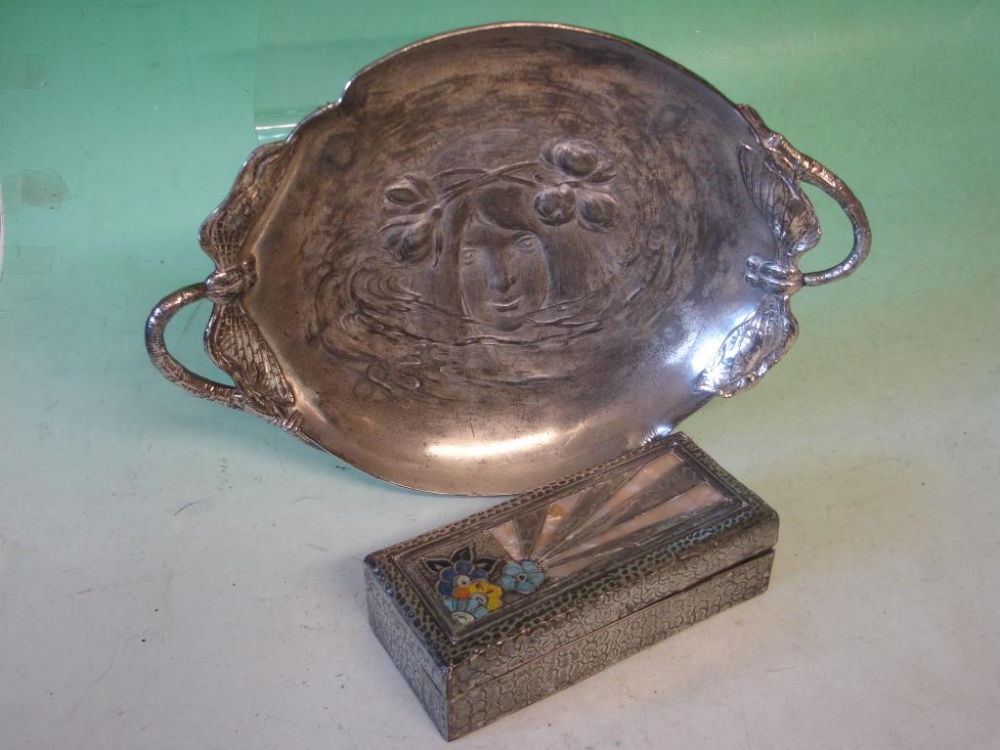 An Art Nouveau Style Plated Dish Together with an Art Deco pewter stamp box (slight warp to lid)