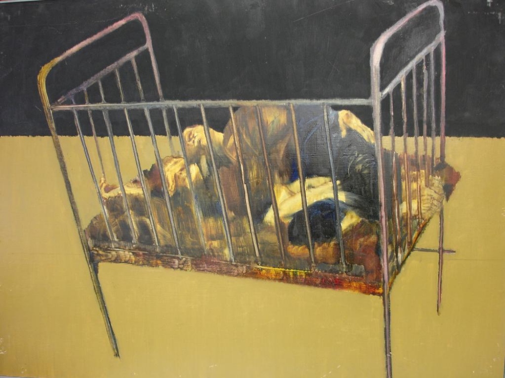 Vietnam War Interior with mother and child on a bedstead. Oil on hardboard 24"x32"