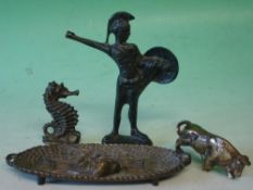 Four Small Items of Bronze Viz. A dish, bison, seahorse and a gladiator