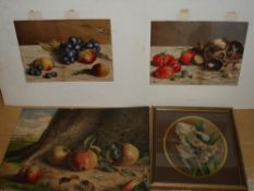 English School Four watercolour still lives of fruit. One framed