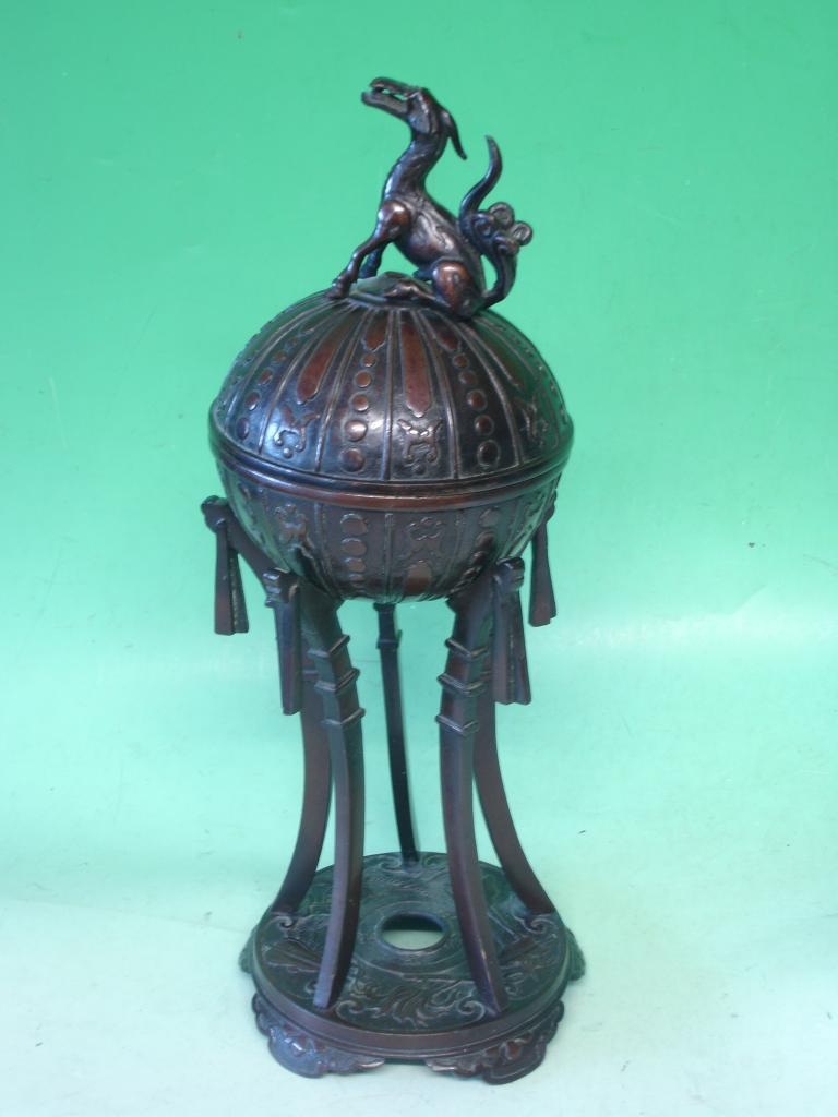 A Japanese Bronze Censer Meiji. The domed cover with dragon surmount, raised on square supports