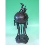A Japanese Bronze Censer Meiji. The domed cover with dragon surmount, raised on square supports