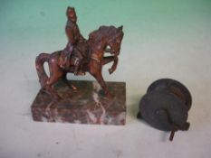 A Figure of Napoleon on Marble Base Together with a brass fishing reel.