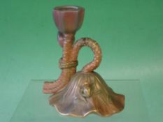 Royal Worcester A chamber stick, in the form of a water lily with frog, in lustrous glaze and