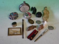 A Collection Of Small Decorative Items Including pewter cricketing flask (Dents), hardstone,