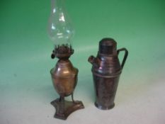 A Mappin Bros. Plated Oil Lamp Together with a plated cocktail shaker.