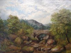 English School River scene with bridge and figure. Oil on canvas 10"x 14"