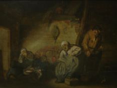 After Adriaen van Ostade Cottage interior with rustics. Oil on oak panel 9 ¼
