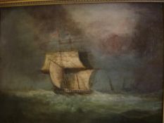 W. Thomas Shipping in choppy seas. Signed. Oil on canvas 15"x 20" (Canvas repairs)