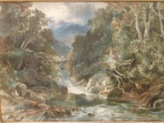 William Bennett Wooded river valley with figure. Signed and dated 1856. Watercolour on paper 15"x