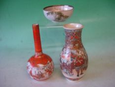 A Satsuma Stem Vase Together with a Satsuma baluster vase (AF) and a small bowl