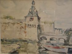 Jean Louis Le Toullec. Bn. 1908. French River with bridge, clock tower and boats. Signed.
