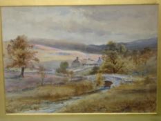 Edward Tucker c1846-1909 Moorland landscape with cottages and bridge. Signed with pseudonym "