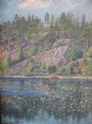 Hjalmar Trafvenfeldt 1851-1937 Lake scene with wooded slope. Signed and dated 1925. oil on canvas