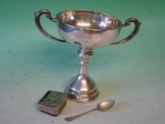 A Silver Trophy Cup Together with a silver teaspoon and a silver faced Bible (AF)