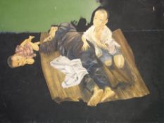 Vietnam War Interior with a mother lying on a rush mat with two young children. Indistinctly
