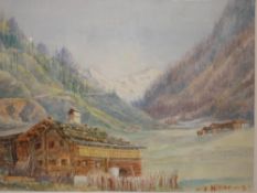 Signed A. Hitler Chalets in an alpine valley. Watercolour on paper 8 ¾"x11 ¾"