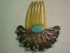 An Early 20th Century Hair Grip White metal and turquoise enamel in Art-Nouveau / Secessionist