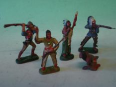 Hausser Elastolin Four Indian Figures (one damaged) and a cowboy