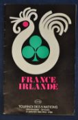 1968 France 1st Rugby Grand Slam Season. 1968 France v Ireland rugby programme -played on 27th