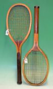 Scarce Sterling split throat inlaid convex wedge wooden tennis racket - elongated racket head fitted