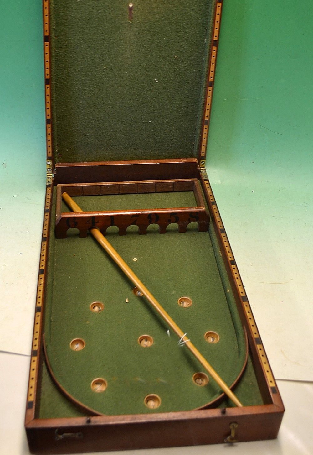Interesting half size Bagatelle wooden table top game folding table complete with numbered gate