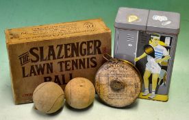 Early lawn tennis tape measure c. 1920s, Slazenger lawn tennis ball box et al – briefly “Forward