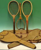 Early tennis rackets and bags to incl Pair of early wooden juvenile tennis rackets with convex