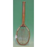 Rare “The Conqueror” fantail wooden patent tennis racket - fitted with patent vertical inlaid