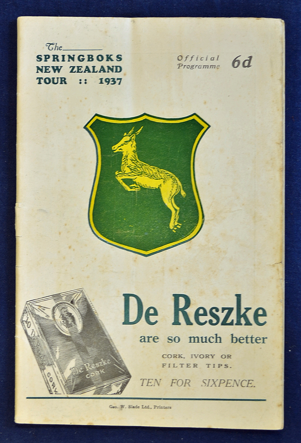 1937 South Africa v Wellington rugby programme - played on 8 August with South Africa winning 29-0 -